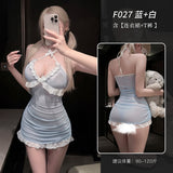 掛脖抽褶透紗蕾絲包臀連衣裙 F027