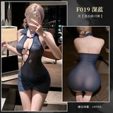 斜開襟露胸秘書透視連身裙 F019
