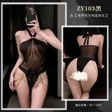 掛脖拼紗透視開襠連身衣 ZY103