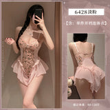 深V花蔓開襠吊帶連身衣 ZY6428 (淺粉,紫)