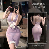 蝴蝶網紗掛脖深v連衣裙 7806 (粉,紫)