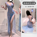 純欲碎花吊帶開叉睡裙 T972 (粉色,藍色)