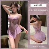 深V花蔓開襠吊帶連身衣 ZY6428 (淺粉,紫)