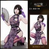 綁帶透明網紗皮扣開衩旗袍 4637 (紫色,黑色)