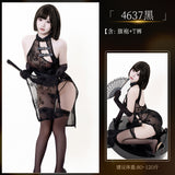 綁帶透明網紗皮扣開衩旗袍 4637 (紫色,黑色)