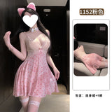 深V蕾絲網紗吊帶睡裙 1152 (豹紋,粉色)