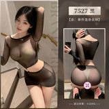 輕薄透視金屬飾包臀連身絲襪 7527 (黑,白)